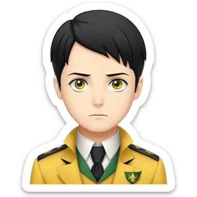 Levi Ackerman with black undercut hair, stern expression, wearing yellow uniform instead of green, with white cravat sticker