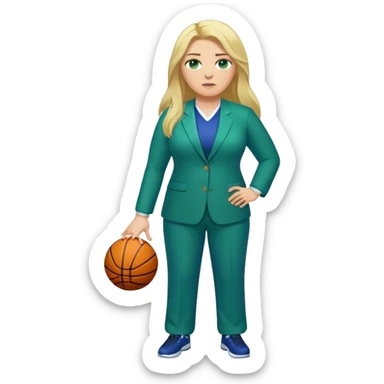 Full Body white plus size female basketball head coach with long blonde hair in a blue and green suit sticker