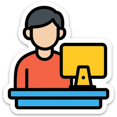 a person at a desk with a computer, representing a designer, colorful lineal icon with black outlines sticker