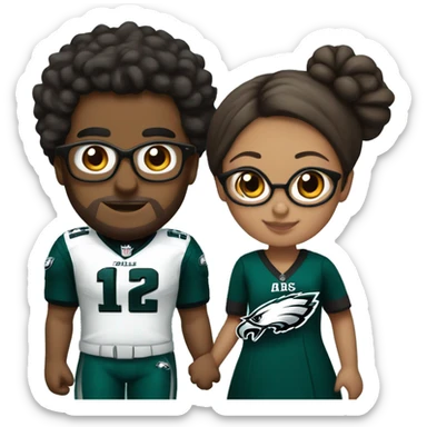 Brown guy and brown girl with glasses and hair in a bun in Philadelphia eagles clothes holding hands sticker