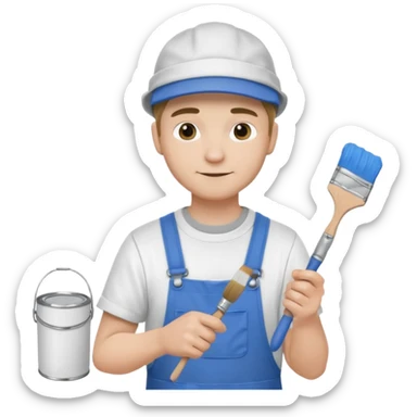 male house painter in work clothes and cap holding a paintbrush and paint can sticker