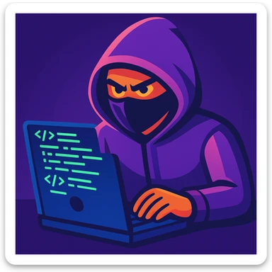 Show the purple-themed hacker actively coding on a laptop, with glowing code on the screen, keep the digital vibrant toon style sticker