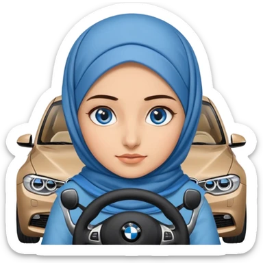 Turkish beautiful finish Konya girl blue eyes with denim hijab dress and driving bmw car sticker