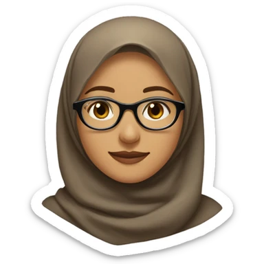 The image depicts a young woman wearing a light brown hijab and clear, round glasses. She is smiling softly, with a natural expression on her face. She is wearing a black outer garment,  sticker