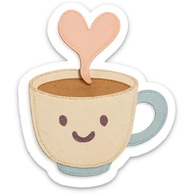 coffee cup with cute heart-shaped steam, smiling face, soft pastel hand-drawn style sticker