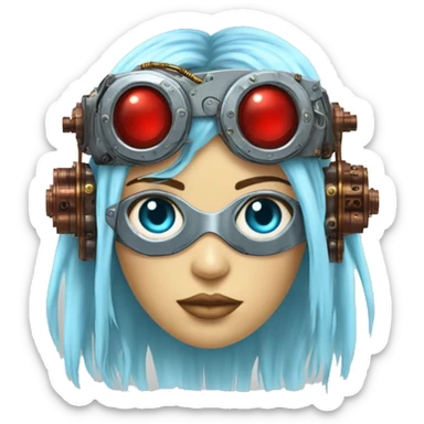 Light blue long hair female cyborg head with red steampunk goggles and circuits sticker