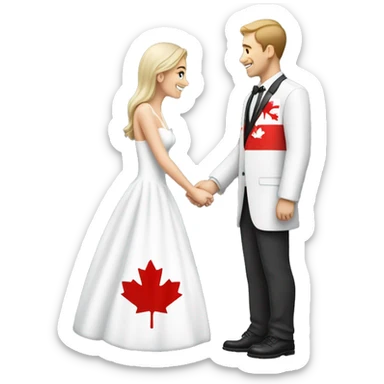 man wearing canadian flag shirt proposing to woman wearing a wedding dress sticker