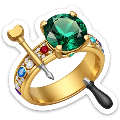 Create a bright and eye-catching emoji symbolizing jewelry craftsmanship and the art of making jewelry. Include a sparkling gemstone, a delicate ring, and tools like a hammer or chisel. The design should be elegant, with fine details and a luxurious feel, representing the precision and artistry of jewelry making. Use vivid colors like gold, silver, and deep jewel tones for the gemstone. Ensure the icon has a transparent background. sticker