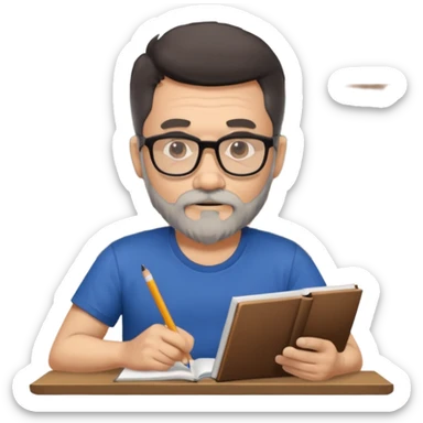 A man with a large gray beard, dark hair, wearing a t-shirt and glasses, studying. sticker