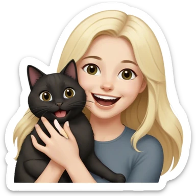 
Blonde with grey eyes and long hair lifts a black British cat above her and laughs sticker