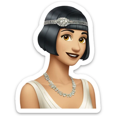Feminine flapper jeweled style flapper headband short dark wave hair long eyelashes expression is she is smirking smiling sticker