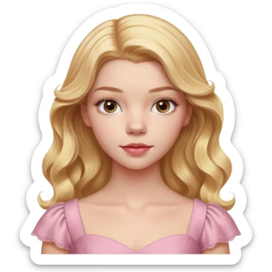 Cinematic Realistic Anya Taylor Joy Portrait, depicted with lifelike skin texture, subtle rosy undertones, and soft natural lighting that enhances the gentle contours of her face. Her intricately detailed golden blonde hair is elegantly wavy, and pink dress corquette sticker