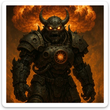 monstrous boss with armor made of nuclear reactor parts, glowing eyes, background of a mushroom cloud sticker