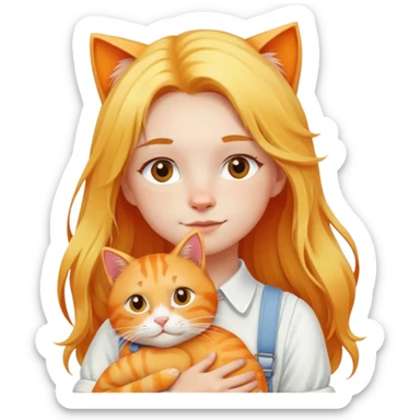 Caucasian girl - long yellow hair - white suspenders - hugging - a orange cat sticker