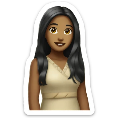 Brown Island girl with long black hair and a plumeria flower sticker