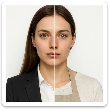 4K hyper realistic split-image: beautiful woman, left side with subtle office makeup and attire, right side natural, homemaker apron, white background, strong contrast, symmetrical. sticker