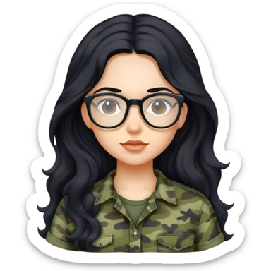 Girl with long wavy black hair and glasses wearing camo shirt sticker