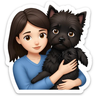 Brunette girl with black cairn terrier hugging sticker