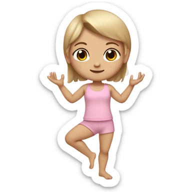 do a white skin little girl with dirty blond straight hair brown eyes and a cute baby pink outfit, full body arms legs and cute shoes doing yoga sticker