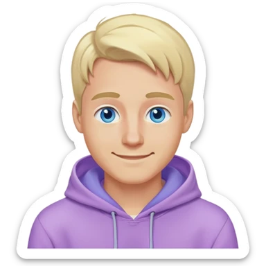 smiling blonde man with blue eyes in a lilac hoodie sticker