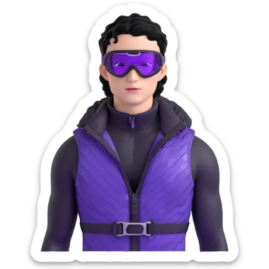 male athlete with white skin and moderately curly black hair on top with shaved sides, wearing ski goggles with purple frames and very dark black lenses, a simple plain black chain necklace, and a completely unzipped shiny vest with purple and black sequin fire pattern design, fully revealing his chest and abs, no earrings sticker