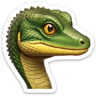cinematic-realistic-cute-monitor-lizard-portrait-emoji,-head-tilted-playfully-and-inquisitively,-featuring-a-compact,-agile-body-with-finely-detailed,-glossy-scales-in-earthy-olive-hues-and-a-distinct,-alert-face-with-bright,-curious-eyes, yellow and dark green sticker