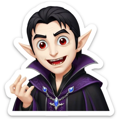 Cinematic Realistic WoW Vampire Mage Portrait, head tilted dramatically with an exaggeratedly amused expression, blending ominous mystique with a wry, unexpected charm. His pallid skin, sleek dark hair, and intricately detailed black robe with silver accents are rendered with lifelike texture and moody, dynamic lighting, high shine, dramatic yet whimsical, capturing a dark mage who wields ancient power with a mischievous glint. sticker