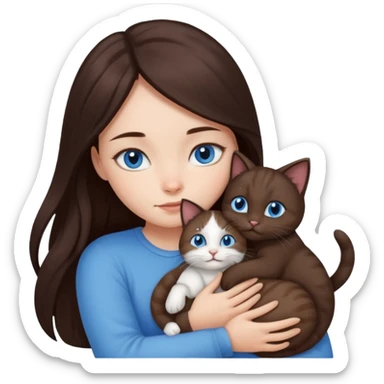a girl with long dark 
brown hair, with blue eyes, hugs 3 different natural coloured small cats sticker