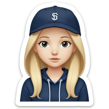 White girl with long straight blonde hair with a middle part wearing a black baggy hoodie with a navy blue baseball cap on sticker