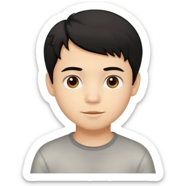 Simple iOS-style emoji of a young boy with short, slightly messy black hair, a round face, large brown eyes, and a small neutral smile sticker