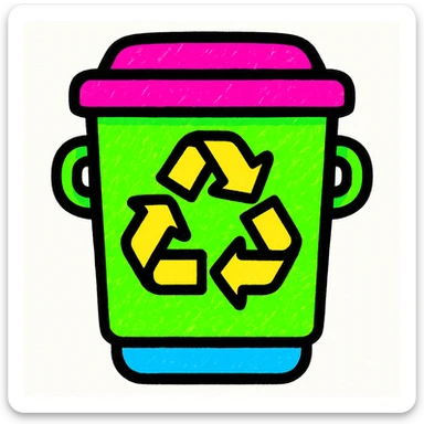 green recycle bin, vibrant cartoon style, bold lines, playful look sticker