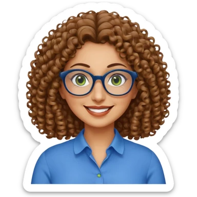 40 yr old Iranian woman, light brown very curly thick hair, shoulder length hair, green eyes, tan skin, big smile, big glasses, with pretty blue blouse sticker