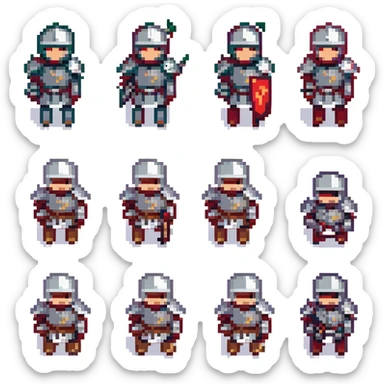 A pixel art knight in armor with a closed helmet, expressing disappointment. The knight's arms and legs are in different positions. The image is portrait-sized and has a clear outline. sticker