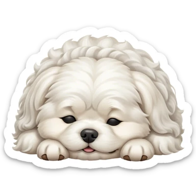 Cinematic Meme-Worthy Chubby Sleeping Wavy-Haired Maltese dog Portrait Emoji, Head resting peacefully with a contented smile, featuring a delightfully chubby build and a luxuriously soft, wavy-haired white coat, eyes shut in a serene nap, Simplified yet hilariously adorable features, highly detailed, glowing with a soft, drowsy light, high shine, relaxed and utterly lovable, stylized with an air of playful laziness, bright and endearing, soft glowing outline, capturing the essence of a comically sleepy companion, so meme-worthy it feels like it could instantly become the next viral sensation of adorable slumber! sticker