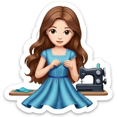 Woman with long brown hair sewing a cute dress with sparkles around her in the background elegant  sticker