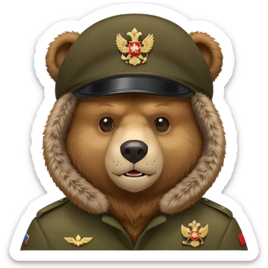 Cartoon Russian bear head wearing military style ushanka hat with Russian emblem, iOS emoji style sticker