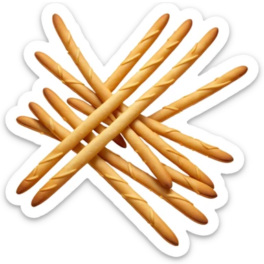 loose cluster of thin crunchy breadsticks with golden-brown slightly blistered surface and subtle curves, straight or slightly uneven sticks, crisp dry textures, rustic baked look, no packaging, no dip, no extras, soft lighting, subtle shadows, emoji scale sticker