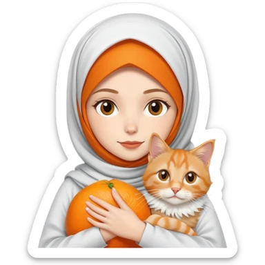White girl wearing hijab holding orange mainecoon cat sticker
