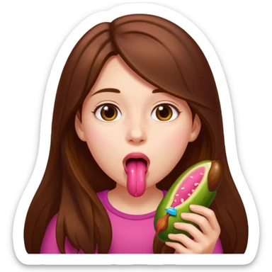 Girl with long brown hair licking pink pickle  sticker