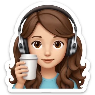 A girl with brown wavy long hair, wearing headphones on her head and holding coffee in her hand sticker