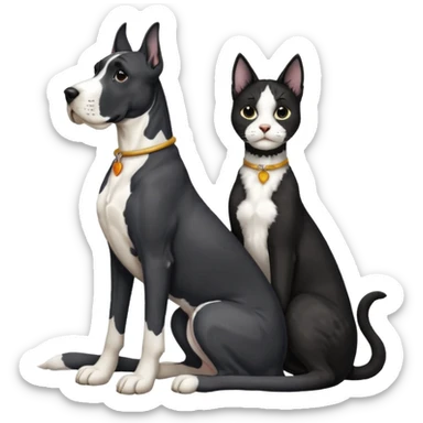 Large Black and white great dane dog sitting with a black and white cat sticker