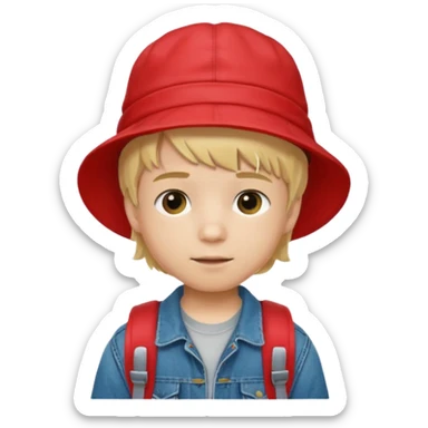 A little boy student, blonde hair, with red bucket hat, jean jacket, backpack sticker