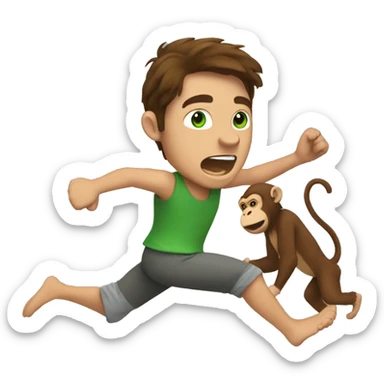 Man with brown hair and green eyes running from a monkey  sticker