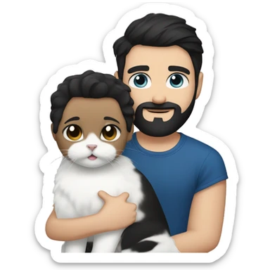 A guy with a black earing and black short hair and black beard and holding a all white Siberian cat with blue eyes  sticker