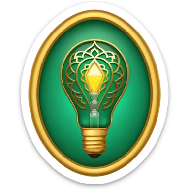 3D emoji, light bulb with Moroccan arabesque pattern inside, golden frame, glowing light, emerald green and gold colors, minimalist, white background. sticker