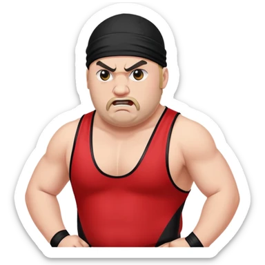 White skin fat guy with prominent black durag, shaved beard stubble, black eyes in a red and black wrestling singlet with angry face sticker