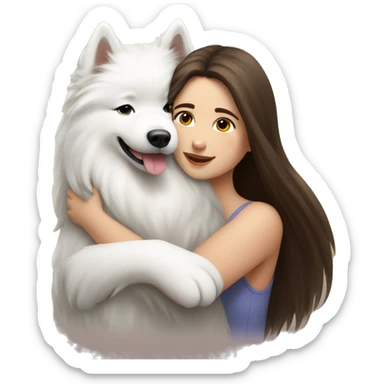 White beautiful girl with long brunette hair hugging Samoyed  sticker
