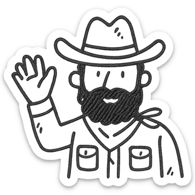 bearded cowboy raising hand, hand drawn style sticker