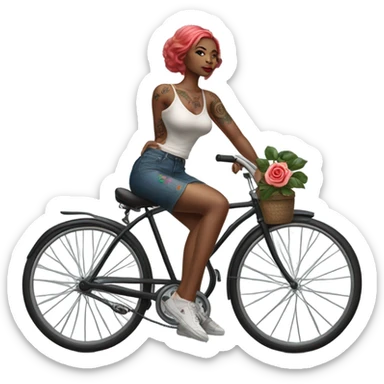 Hyper Realistic beautiful woman model with a small rose tattoo riding a bike sticker