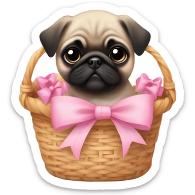  Baby pug with big pink
eyes wearing a pink bow sitting in a basket  sticker